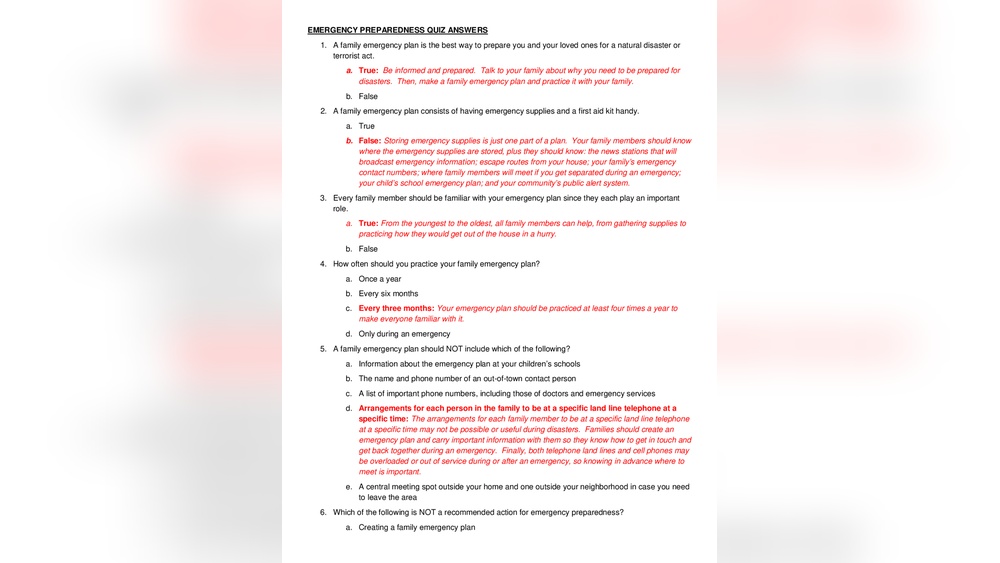 Emergency Preparedness Quiz Answers